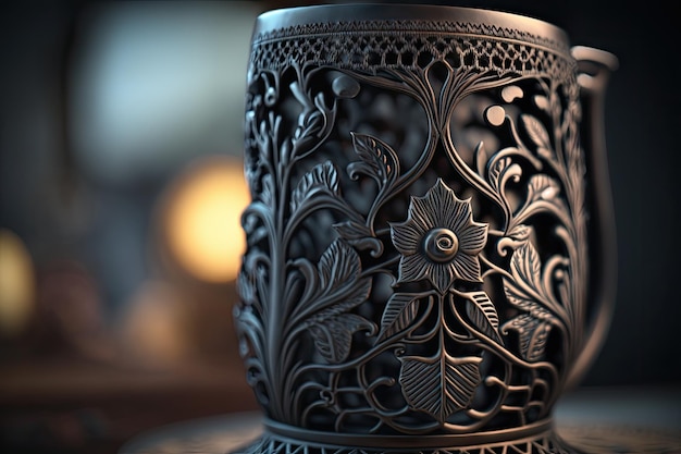 Closeup of intricately designed iron mug with intricate patterns and details visible