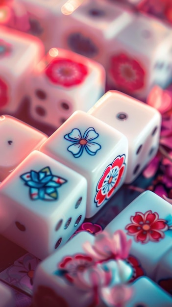 Photo closeup of intricately designed mahjong tiles with floral patterns