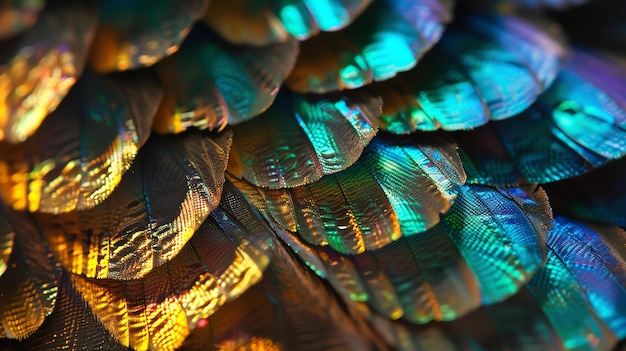 A closeup of iridescent bird feathers showcasing intricate patterns and vibrant colors