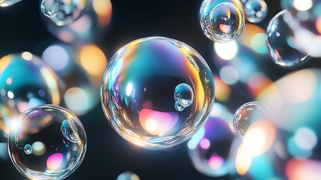 Closeup of iridescent soap bubbles with colorful bokeh in the background