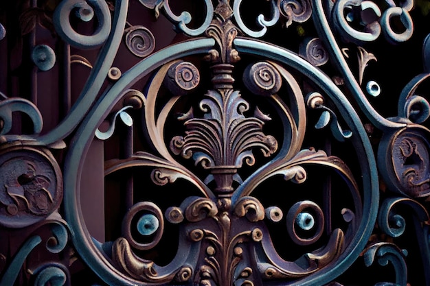 Closeup of iron mansion gates with ornate details including scrolls and floral patterns