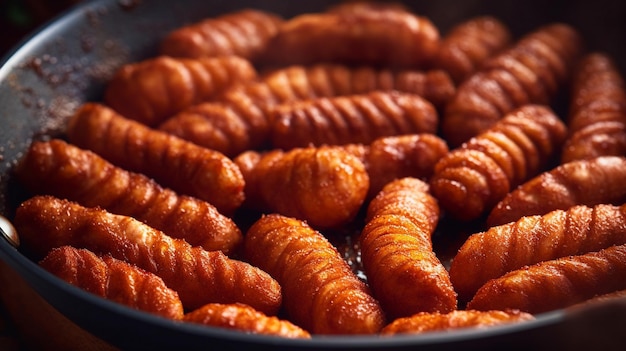 Closeup of Italian sausage links frying in a pan