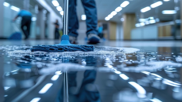 Closeup of a janitor mopping a shiny office floor with soap suds reflecting the bright lights of a modern corporate building