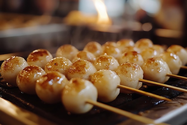 Closeup of Japanese Dango on Skewers Glazed and Grilled