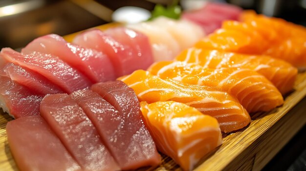 Closeup of Japanese sashimi fresh slices of tuna salmon yellowtail served traditional wooden platter