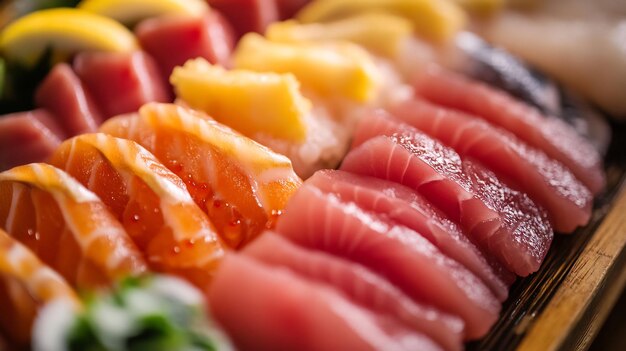 Photo closeup of japanese sashimi fresh slices of tuna salmon yellowtail served traditional wooden platter