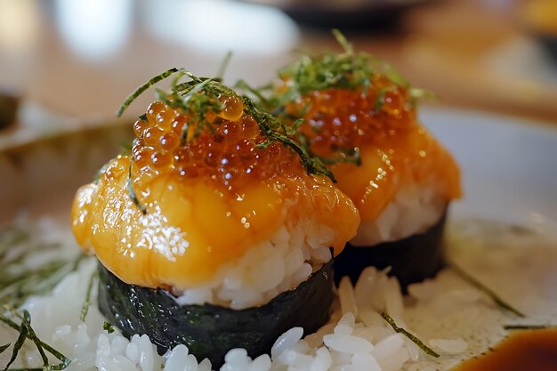 Closeup of Japanese Sushi with Orange Fish Roe and Green Seaweed