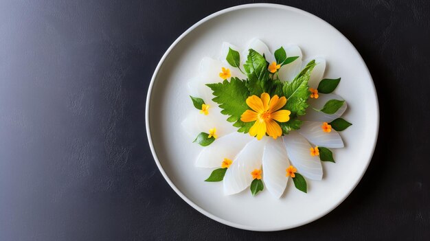 Photo closeup of japans fugu sashimi thinly sliced pufferfish arranged in a floral pattern on a white pla