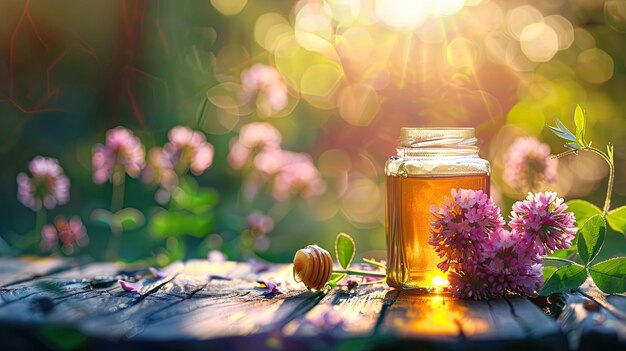 closeup of a jar of clover honey Selective focus