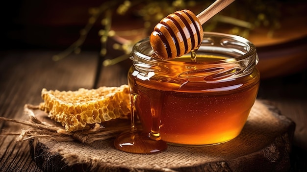 Closeup jar honey and honey dipper with honeycomb on wooden table