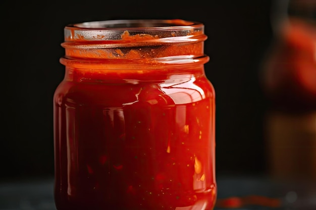 Closeup of a jar of hot sauce with the spicy red liquid visible