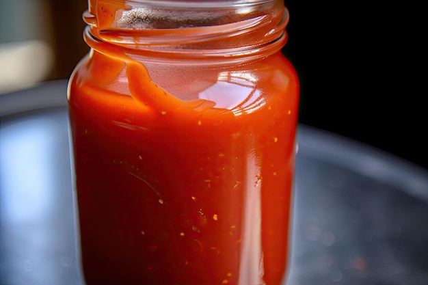 Closeup of a jar of hot sauce with the spicy red liquid visible