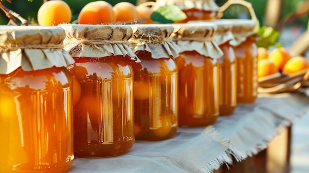 Closeup of jars full of delicious apricot jam freshly cooked and arrange in a row on the table