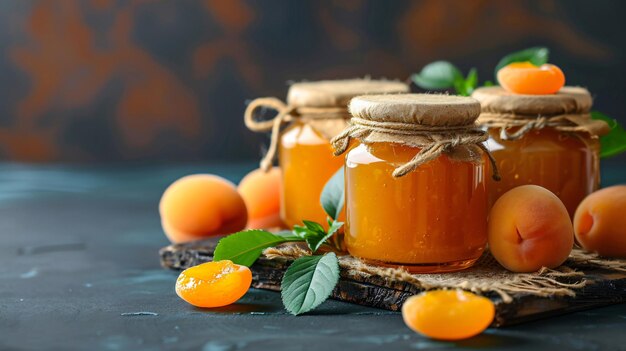 Closeup of jars full of delicious apricot jam freshly cooked and settled against dark background