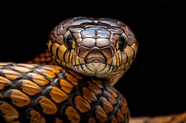 Closeup of Javanese cobra in defensive pose isolated background