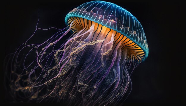 A closeup of a jellyfish on a black background computer Ai generative