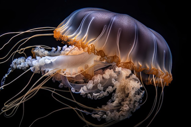 Closeup of jellyfish and its delicate tentacles created with generative ai