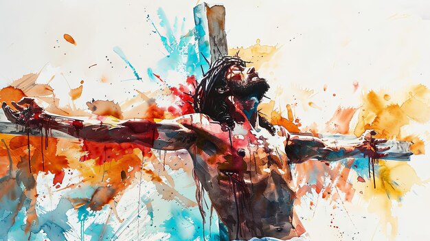 Photo closeup of jesus on the cross in artistic splashes