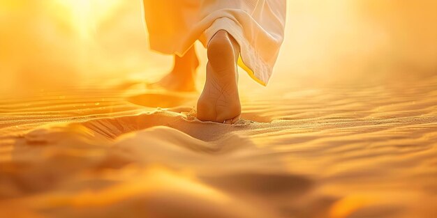 Photo closeup of jesus feet walking on sand towards the rising sun concept religious art spiritual photography inspirational images