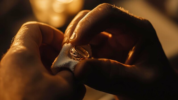 Photo a closeup of a jeweler polishing a gold ring with a soft cloth