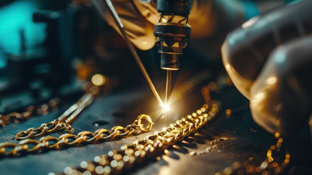 Closeup of a jeweler soldering a gold chain to fix a broken link