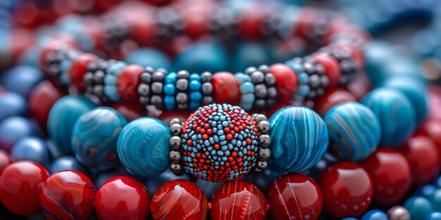 Photo closeup jewelry accessory backgrounds blue fashion necklace red beads bracelet