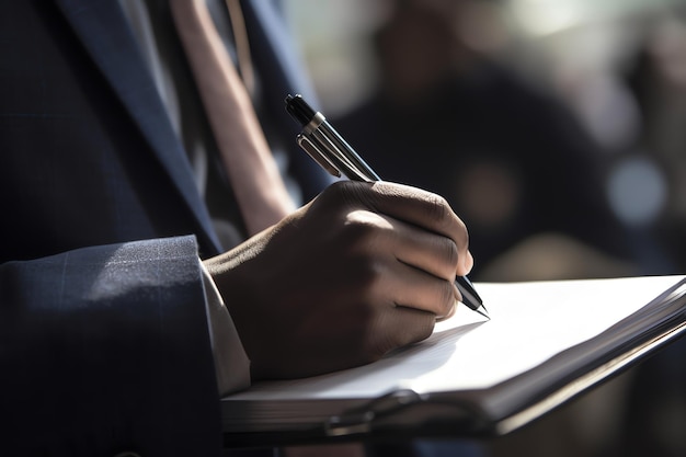 A closeup of a journalist holding a pen