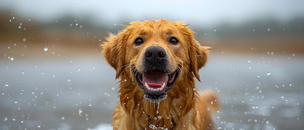 Closeup of a joyful golden retriever shaking off water after a swim Concept Pets Golden Retriever Outdoor Fun Water Activities Closeup Shot