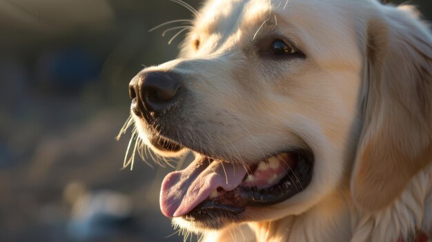 Closeup of a joyful golden retriever with a radiant sunset backdrop