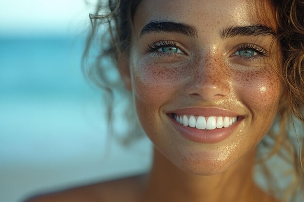 Photo closeup of a joyful woman laughing on a sunny beach with ocean in the background