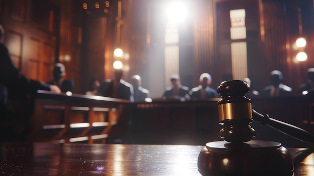 CloseUp of Judge39s Gavel in Modern Courtroom Setting with Figures