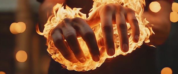 Photo a closeup of a jugglers hands in motion juggling flaming torches