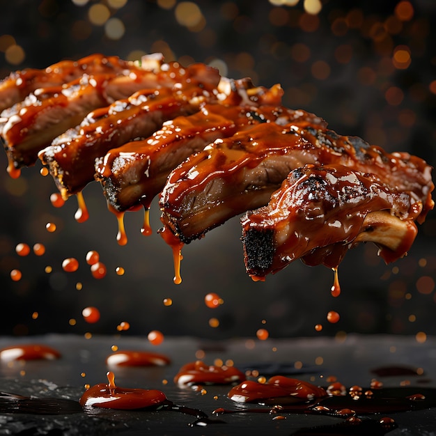 Closeup of Juicy BBQ Ribs Dripping with Sauce