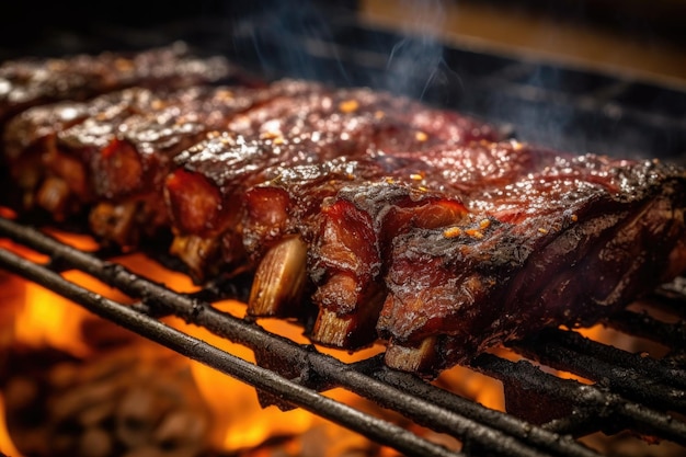 Closeup of juicy bbq ribs in a smoker created with generative ai