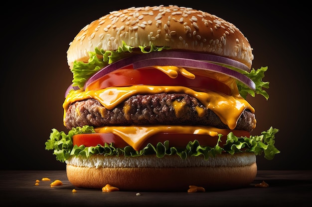 Closeup of a juicy burger with fries it look very delicious Big sandwich hamburger with juicy beef burger cheese tomato and red onion