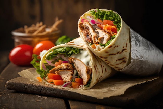 Closeup of juicy chicken shawarma wrap with sliced meat and veggies created with generative ai