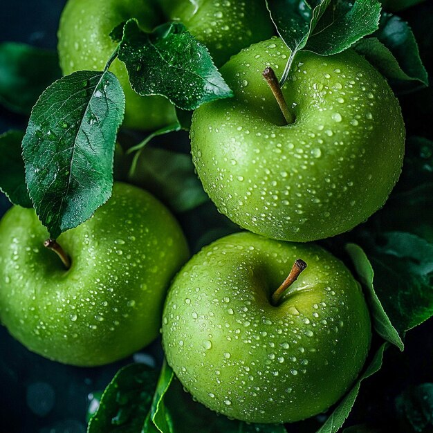 CloseUp of a Juicy Fresh Green Apple with Leaves