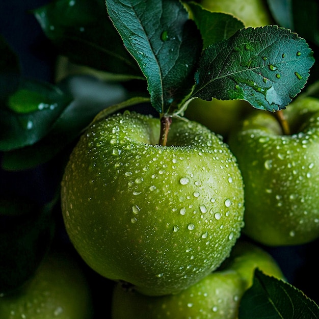 CloseUp of a Juicy Fresh Green Apple with Leaves