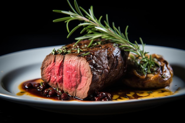 Closeup of juicy grilled beef steak on plate perfect for restaurant menu and food blogs