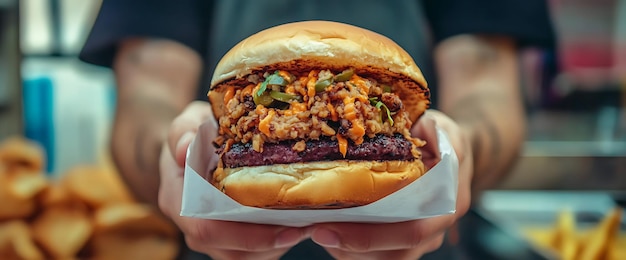 Closeup of a juicy hamburger with a meat patty cheese and toppings held in a hand with a blurred background