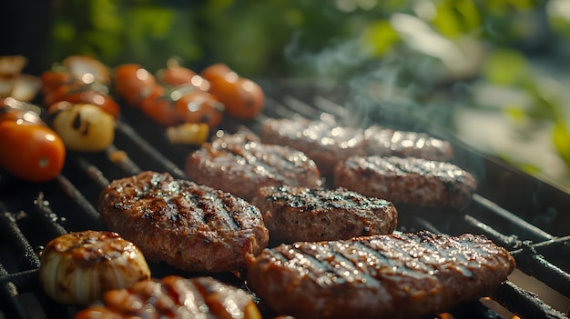 Closeup of Juicy Hamburgers Grilling on a BBQ Grill