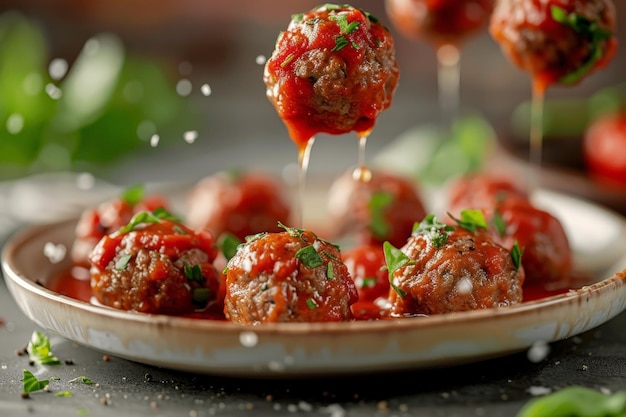 Closeup of juicy meatballs in a rich tomato sauce one falling into the plate garnished with parsley