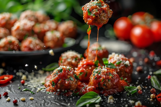 Closeup of juicy meatballs with tomato sauce and parmesan cheese