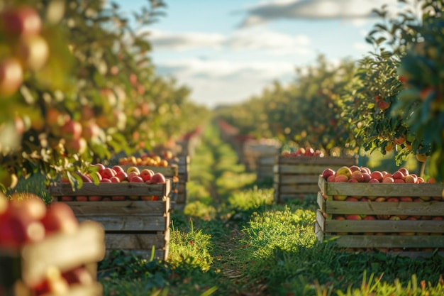 Photo closeup of juicy red apples hanging from branches in an organic orchard embodying the bounty of fall harvest