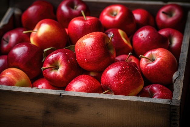 Closeup of juicy red apples in a rustic wooden crate created with generative ai