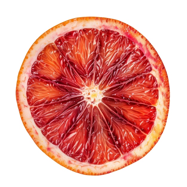 Photo closeup of a juicy red orange slice isolated on white