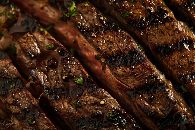 Closeup of juicy ribeye steaks sizzling on a grill creating appetizing grill marks