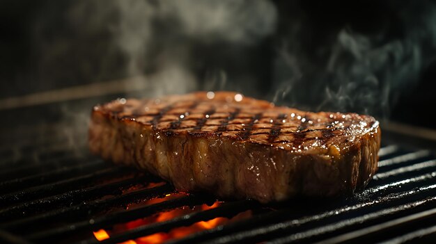 Closeup of a juicy steak grilling on a hot grill with smoke rising