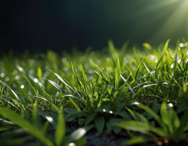 Closeup juicy sunlit grassy meadow background at sunrise