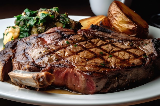 Closeup of juicy and tender steak with crispy potatoes on the side